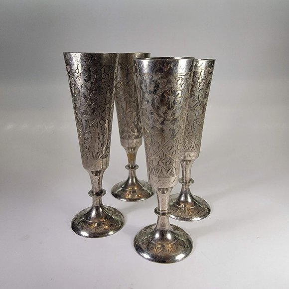 Etched Silver Plate Over Brass Cordial Cup Flute World Gift ZY India 5" set of 4 - Picture 1 of 7